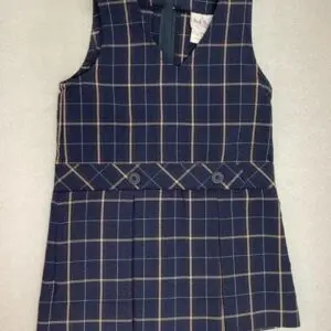 Blue and tan plaid sleeveless jumper dress.