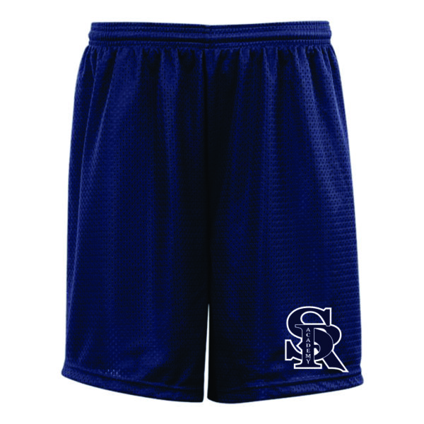 Navy blue athletic shorts with logo.