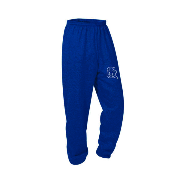 Blue sweatpants with a white SR logo.