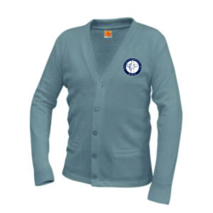 Light blue cardigan with school logo.
