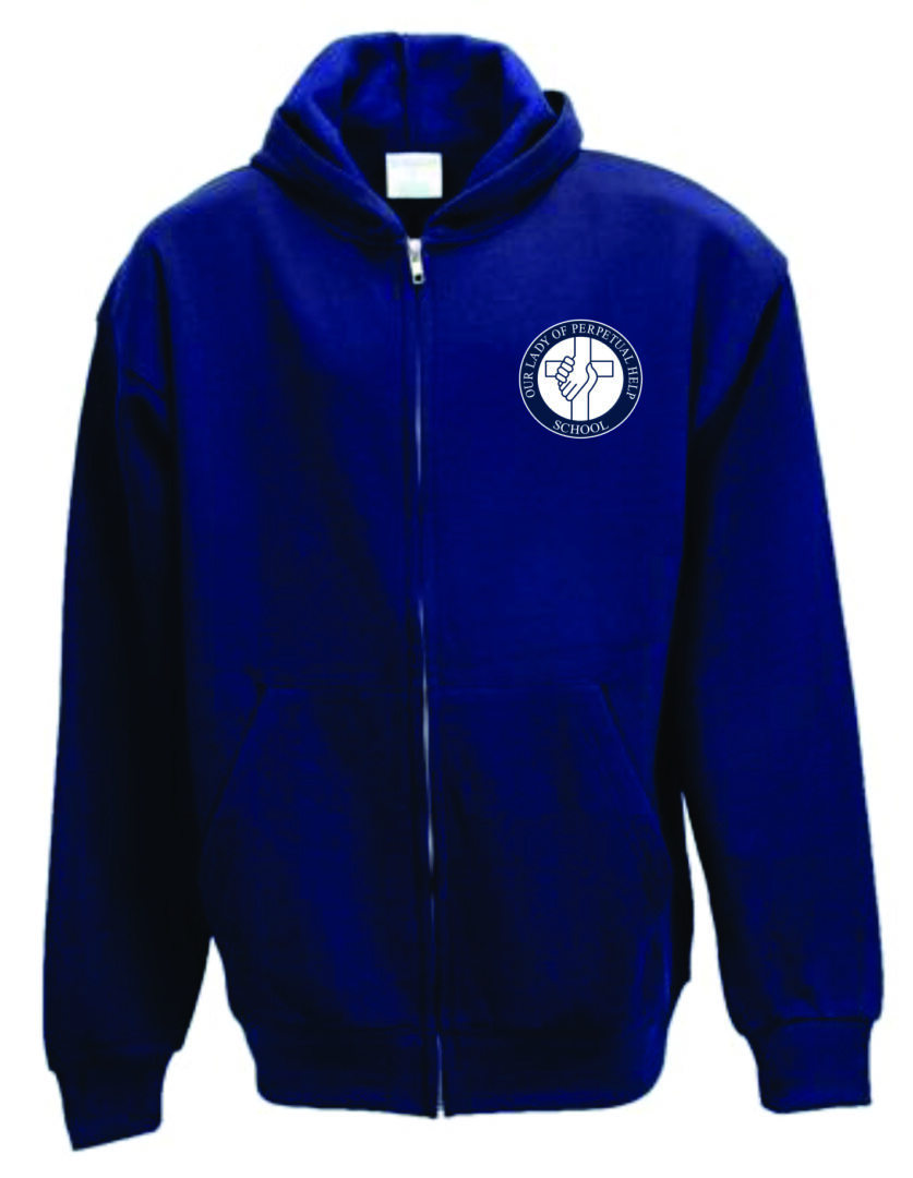 Navy hooded sweatshirt with school logo.