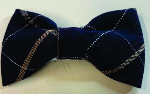 Navy blue plaid bow tie on white background.