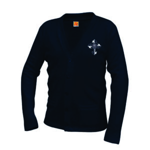 Navy cardigan with emblem design on front.