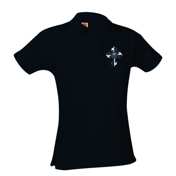 Black polo shirt with white logo design.