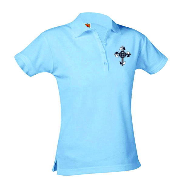 Light blue polo shirt with logo.