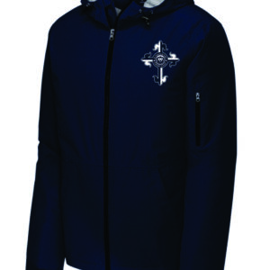 Navy jacket with hood and embroidered design.