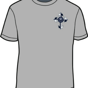 Gray t-shirt with decorative emblem design.