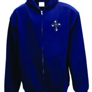 Navy zip-up hoodie with logo design.