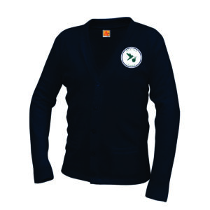 Black cardigan with embroidered logo on chest.