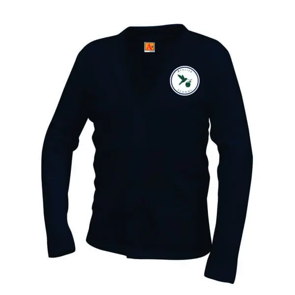 Black cardigan with embroidered logo on chest.