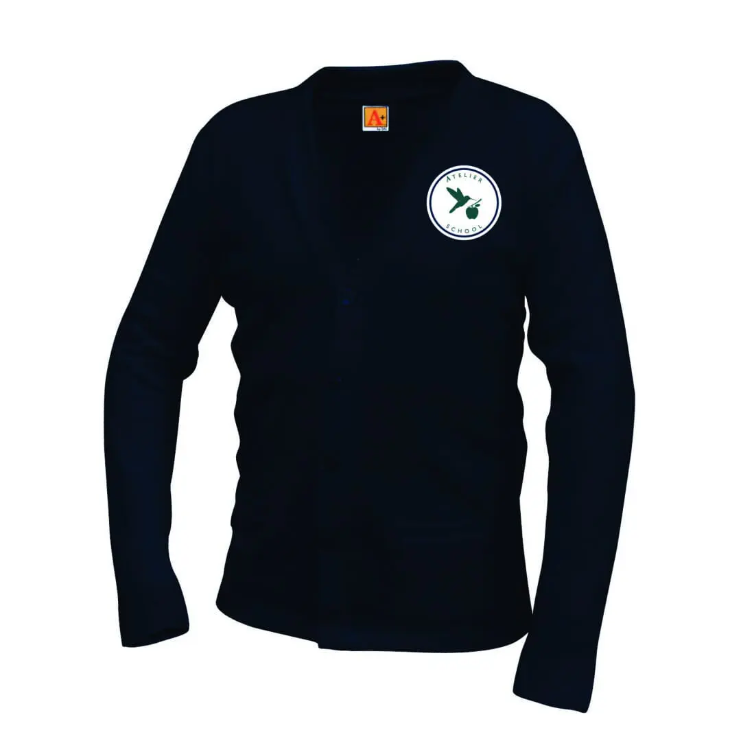 Black cardigan with embroidered logo on chest.