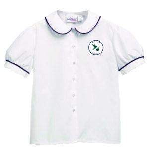 White blouse with embroidered logo on chest.