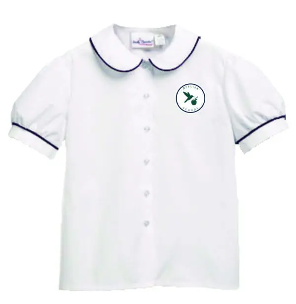 White blouse with embroidered logo on chest.