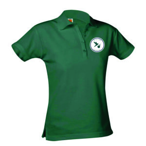 Green polo shirt with circular emblem logo.