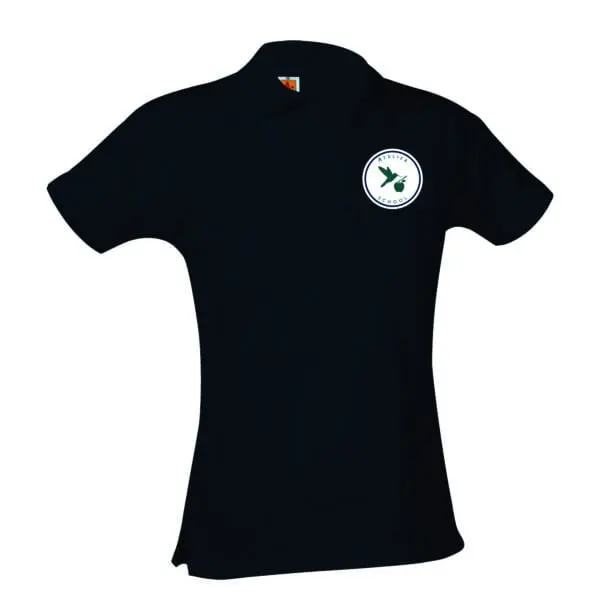 Black polo shirt with embroidered logo.