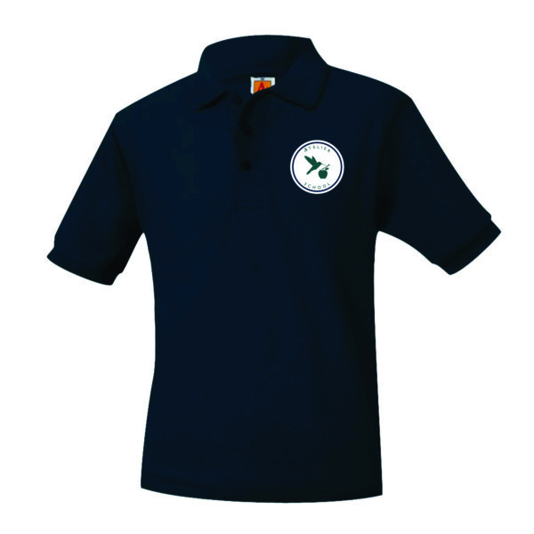 Black polo shirt with embroidered logo.