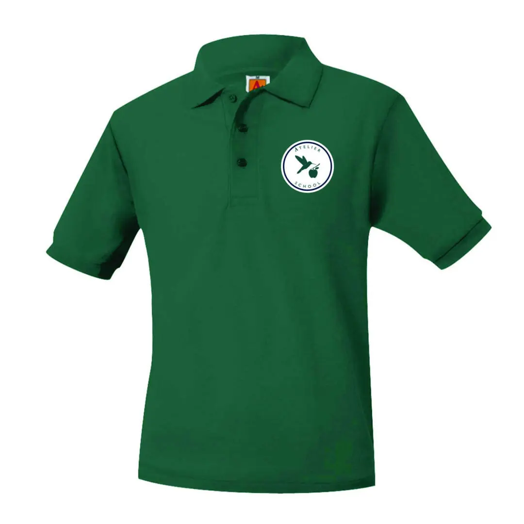 Green polo shirt with embroidered logo.