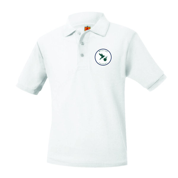 White polo shirt with embroidered logo.