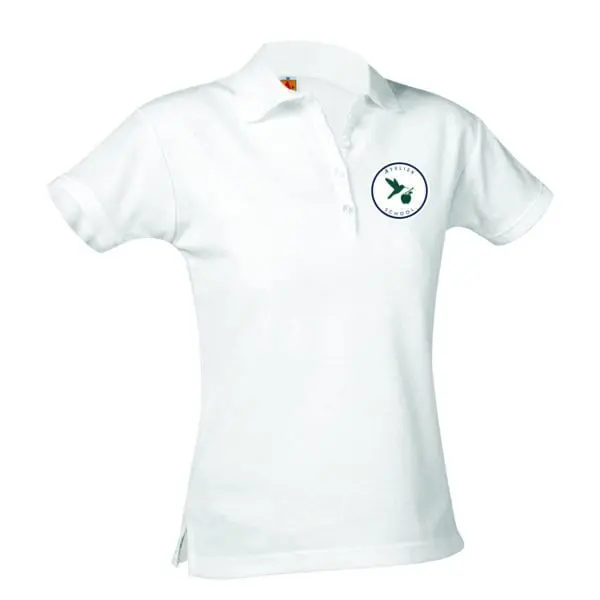 White polo shirt with embroidered logo.