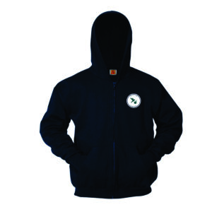 Hooded black jacket with front emblem.