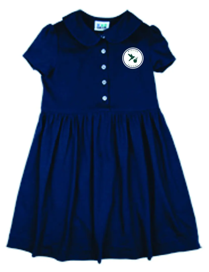 Navy blue short-sleeve dress with collar.