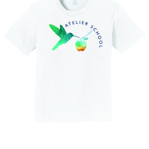 White t shirt with hummingbird and apple design.