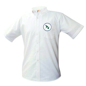 White short sleeve shirt with logo emblem.